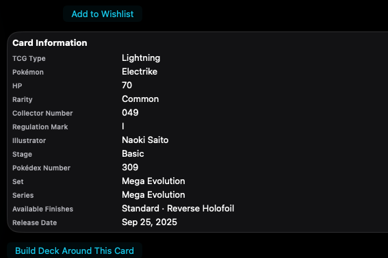 Catalog text. Card Information and Gameplay, including the set and available finishes.