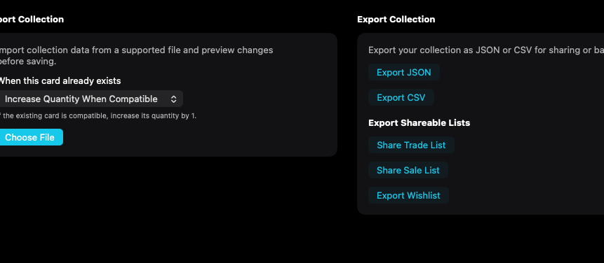 Import, full export, and shareable lists are separate actions.