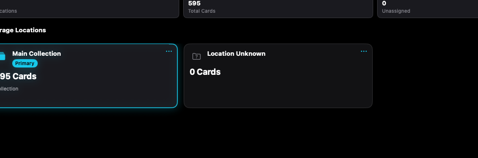 Locations are names you choose, such as a binder or a box, with a card count.
