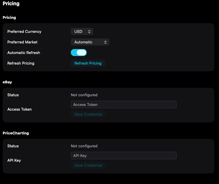 Currency, market, and provider credentials control where available prices come from.