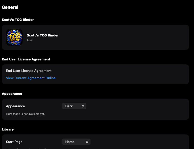 Appearance and the start page are app-wide defaults.