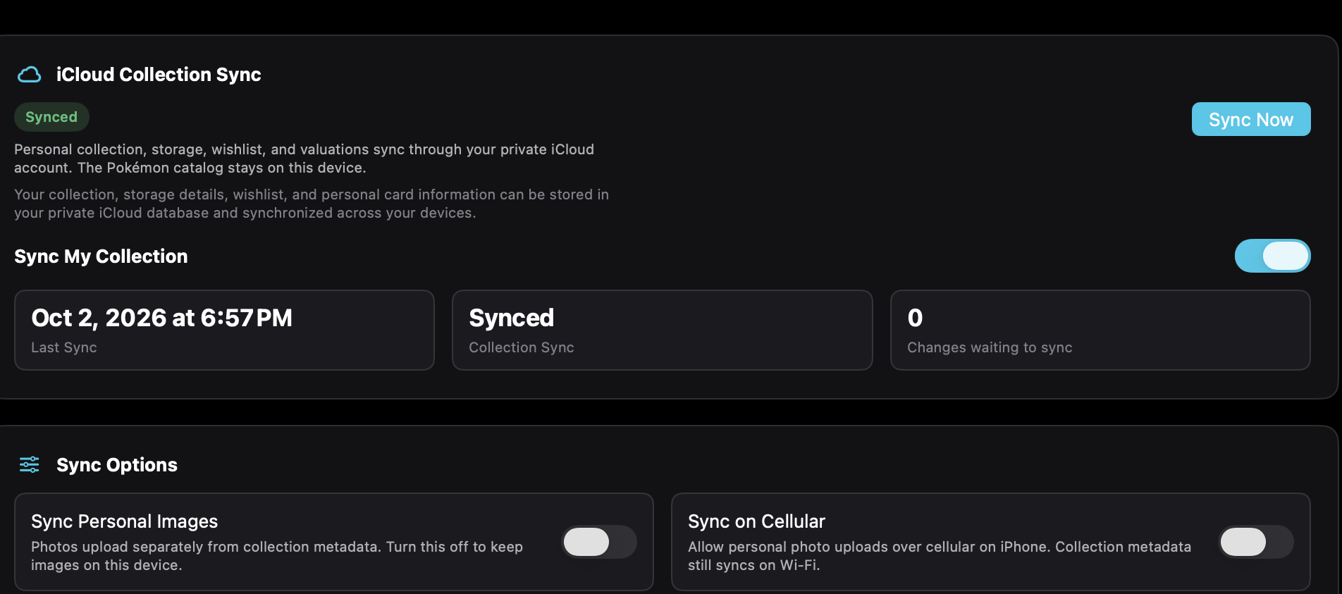 Sync status describes the personal collection, not the local catalog.