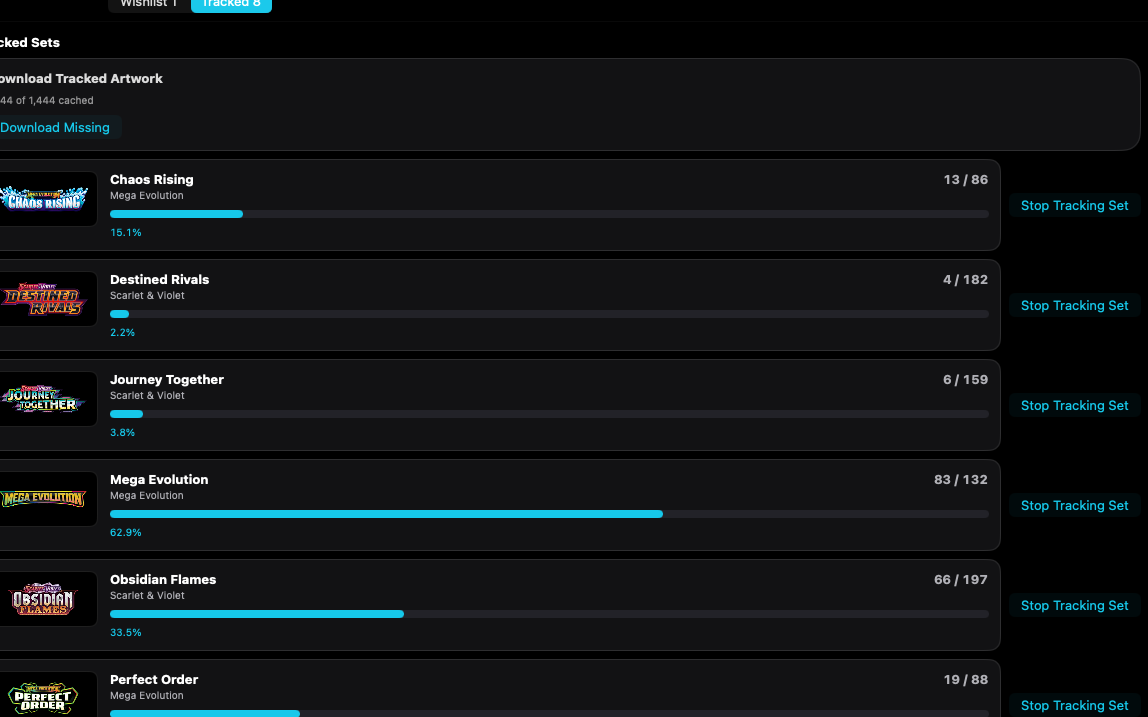 Each tracked set shows owned count, completion, and Stop Tracking Set.