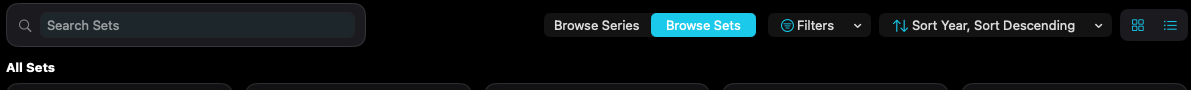 Search sets, switch between series and sets, and filter the catalog.