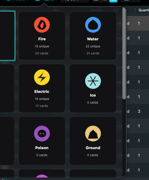 Filter the collection by energy type without changing what you own.