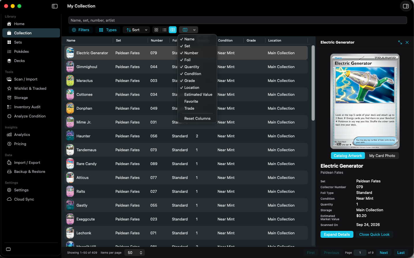 Collection table with the column visibility menu open.