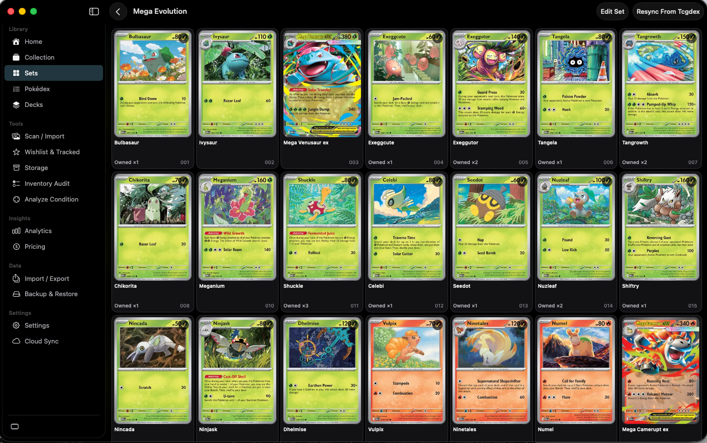Mega Evolution cards in a grid with owned quantities.