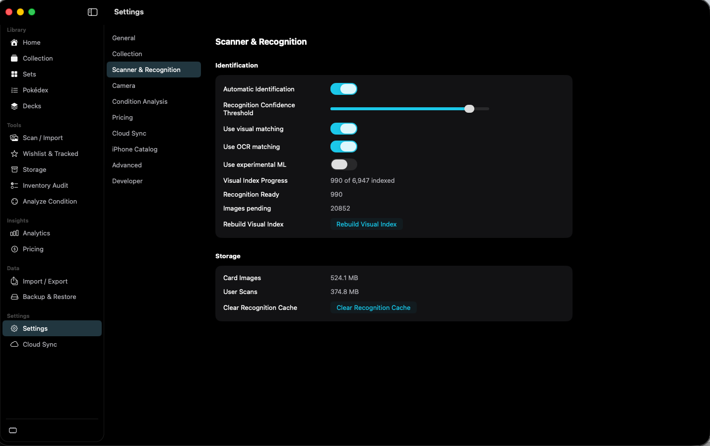 Scanner and Recognition settings with visual index progress.