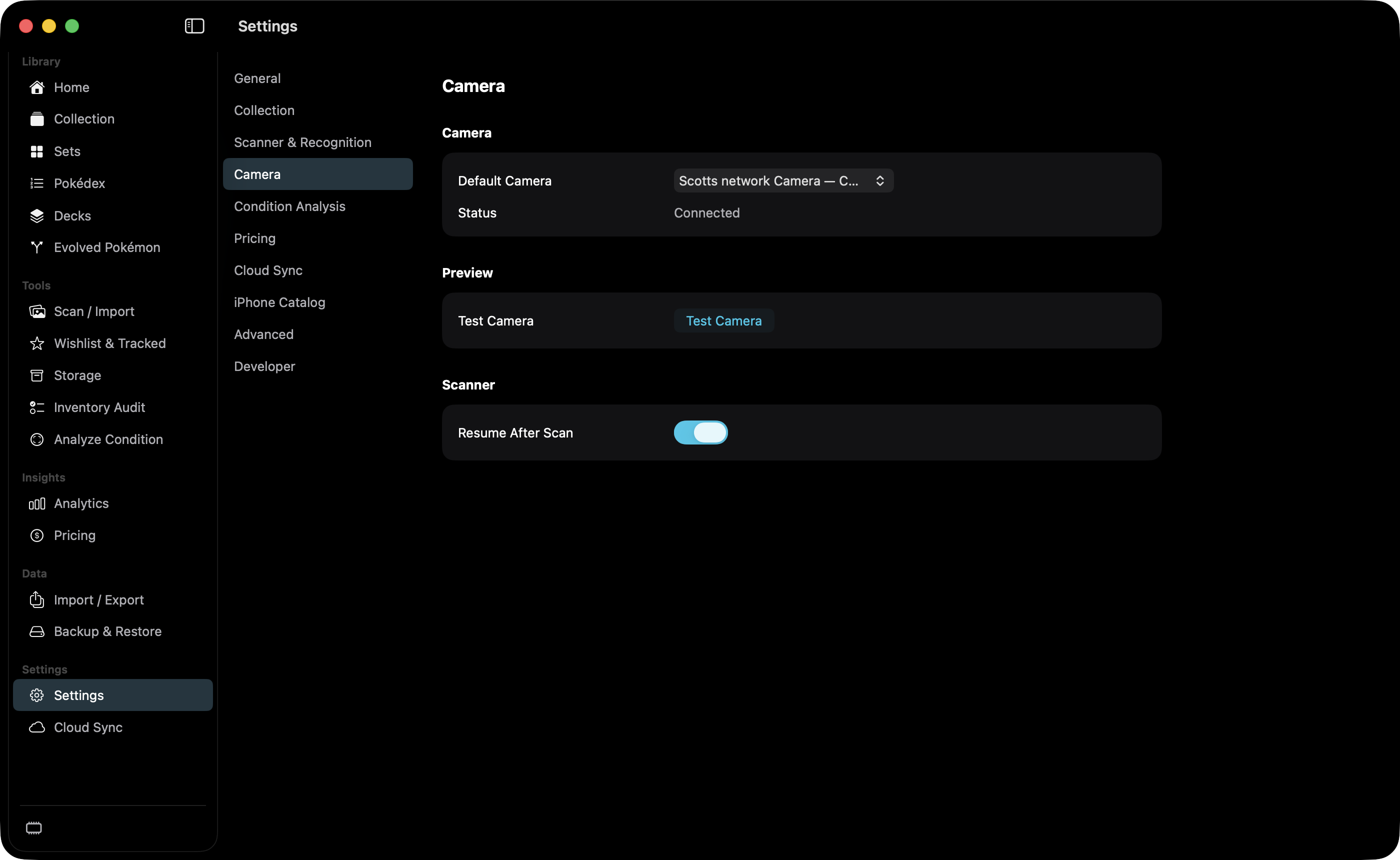 Camera settings with Scotts network Camera selected as a Continuity Camera.