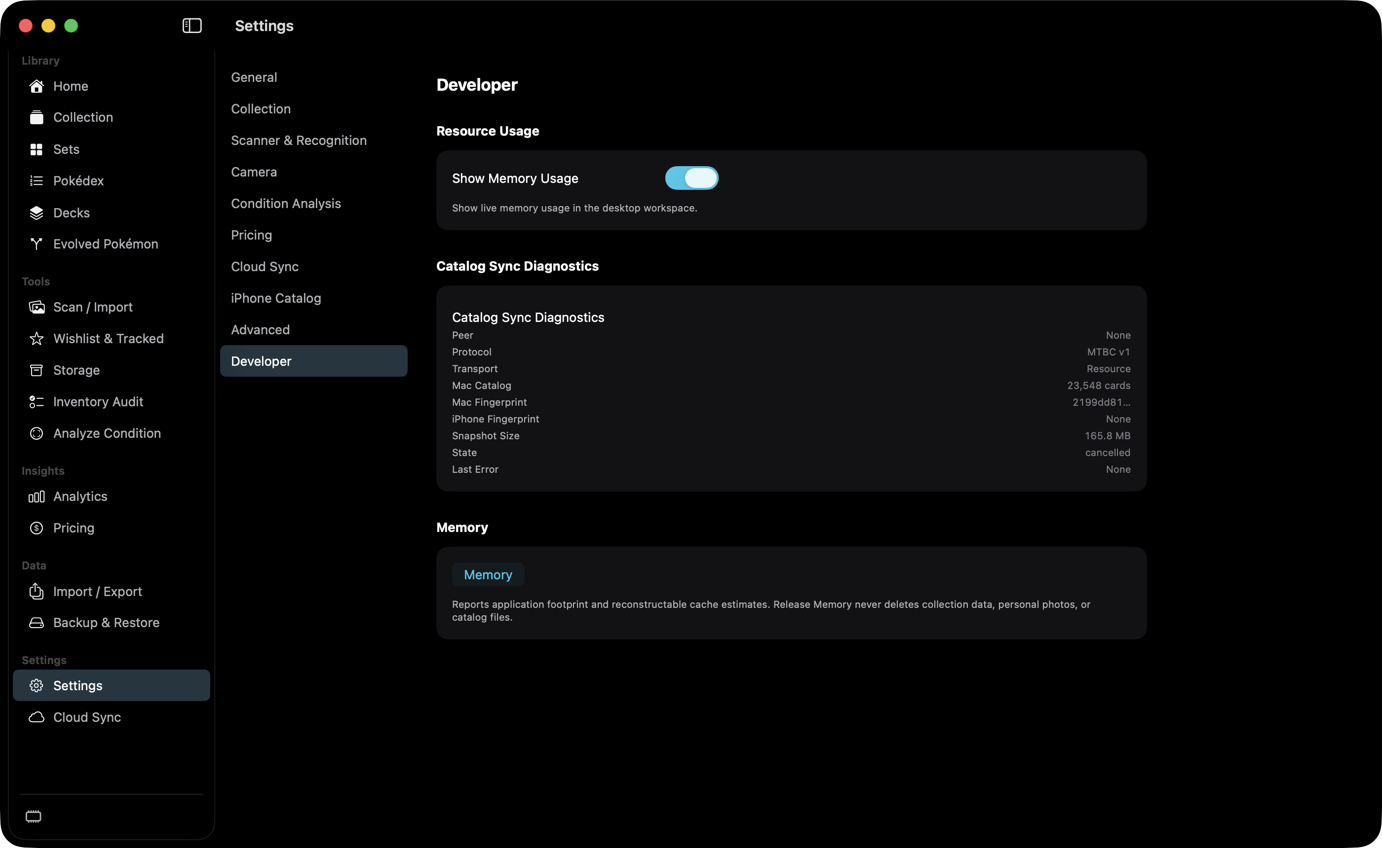 Developer settings with Show Memory Usage and Catalog Sync Diagnostics.