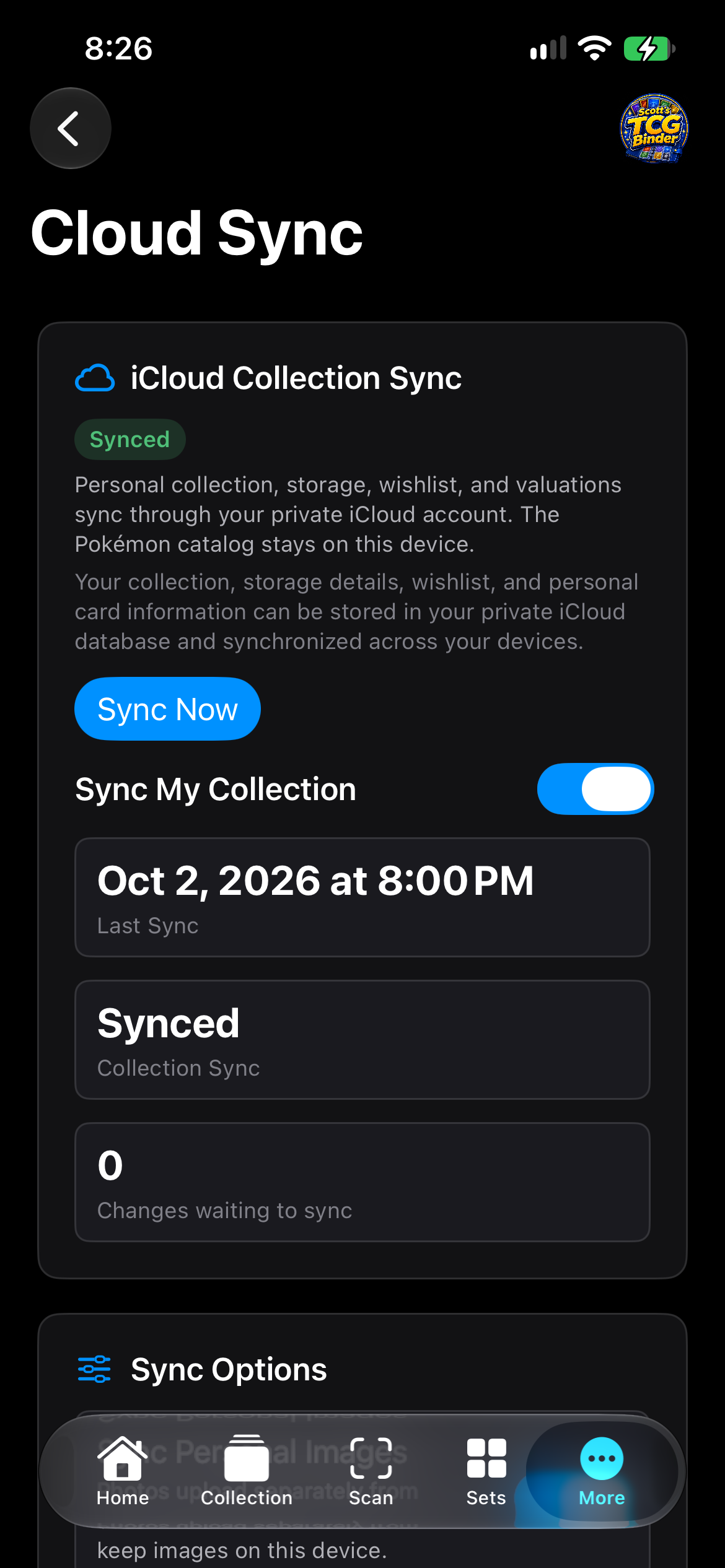 iPhone Cloud Sync showing Synced, Sync Now, and Sync My Collection on.