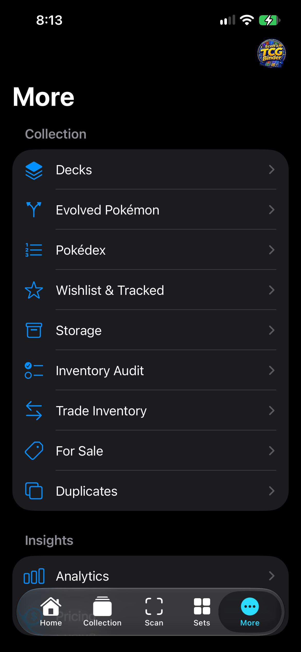 iPhone More list with Decks, Evolved Pokémon, Pokédex, Wishlist, and Storage.