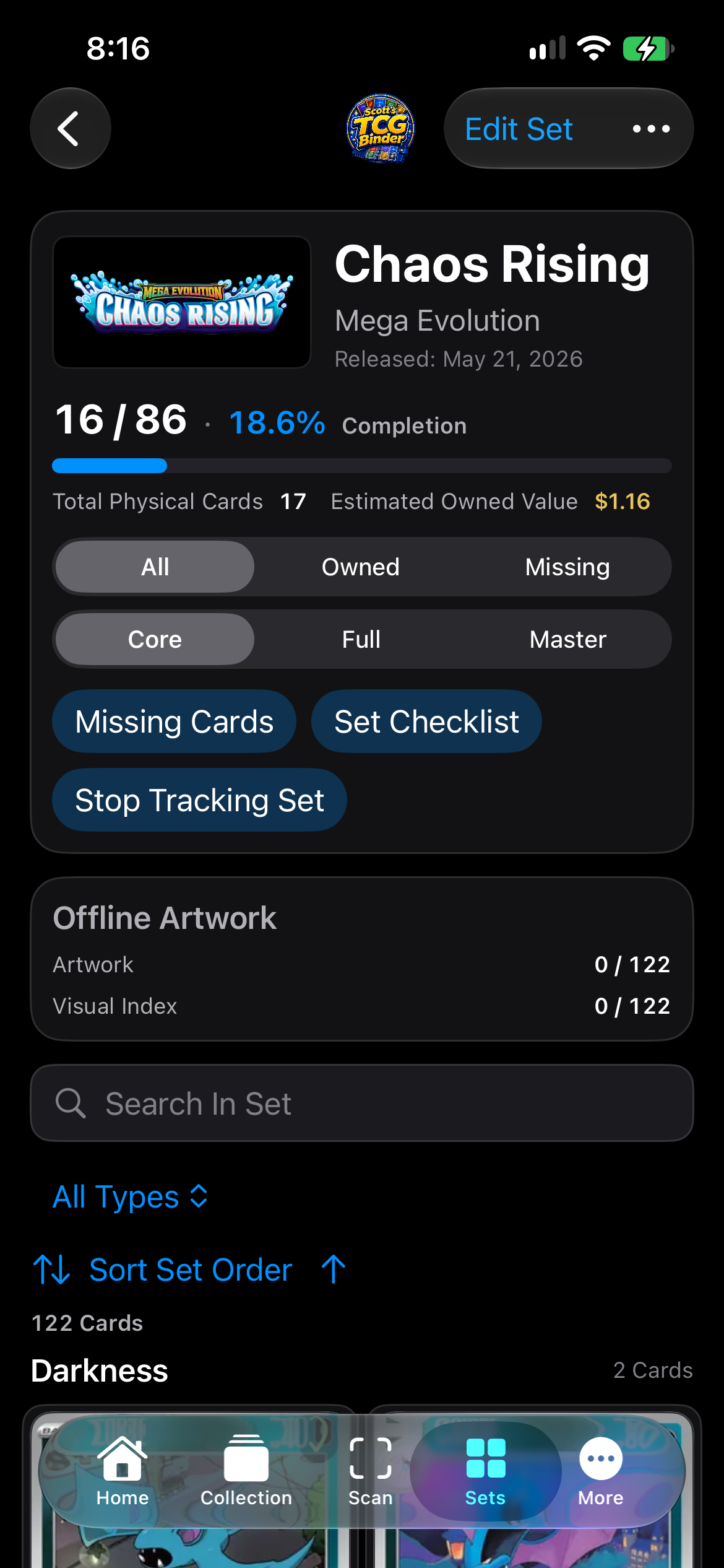 iPhone Chaos Rising set header with completion and Missing Cards.