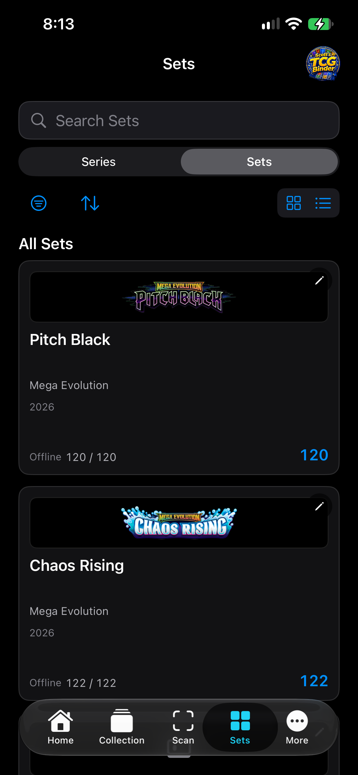 iPhone Sets list showing Pitch Black and Chaos Rising.