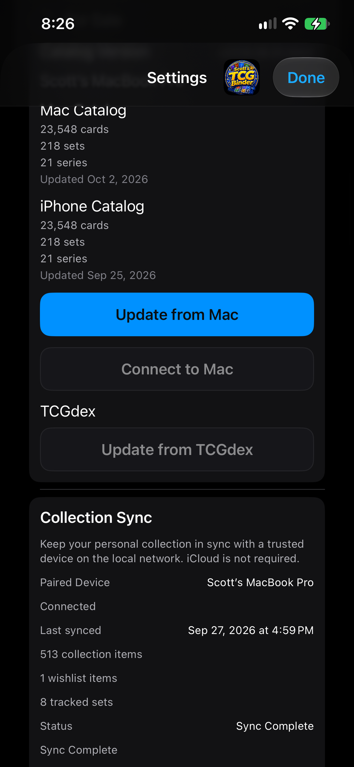 iPhone Settings comparing Mac and iPhone catalogs and a paired Mac.