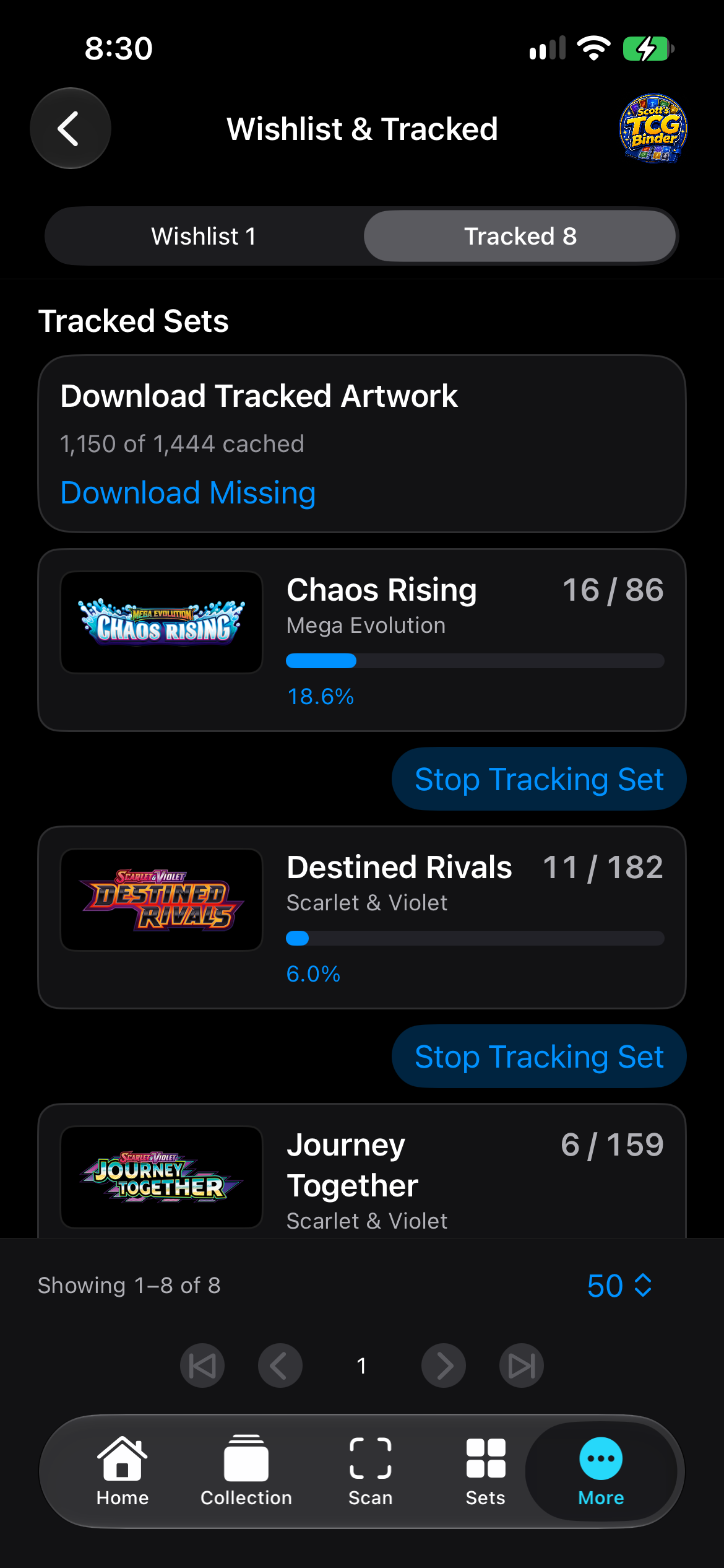 iPhone tracked sets with completion and Stop Tracking Set.